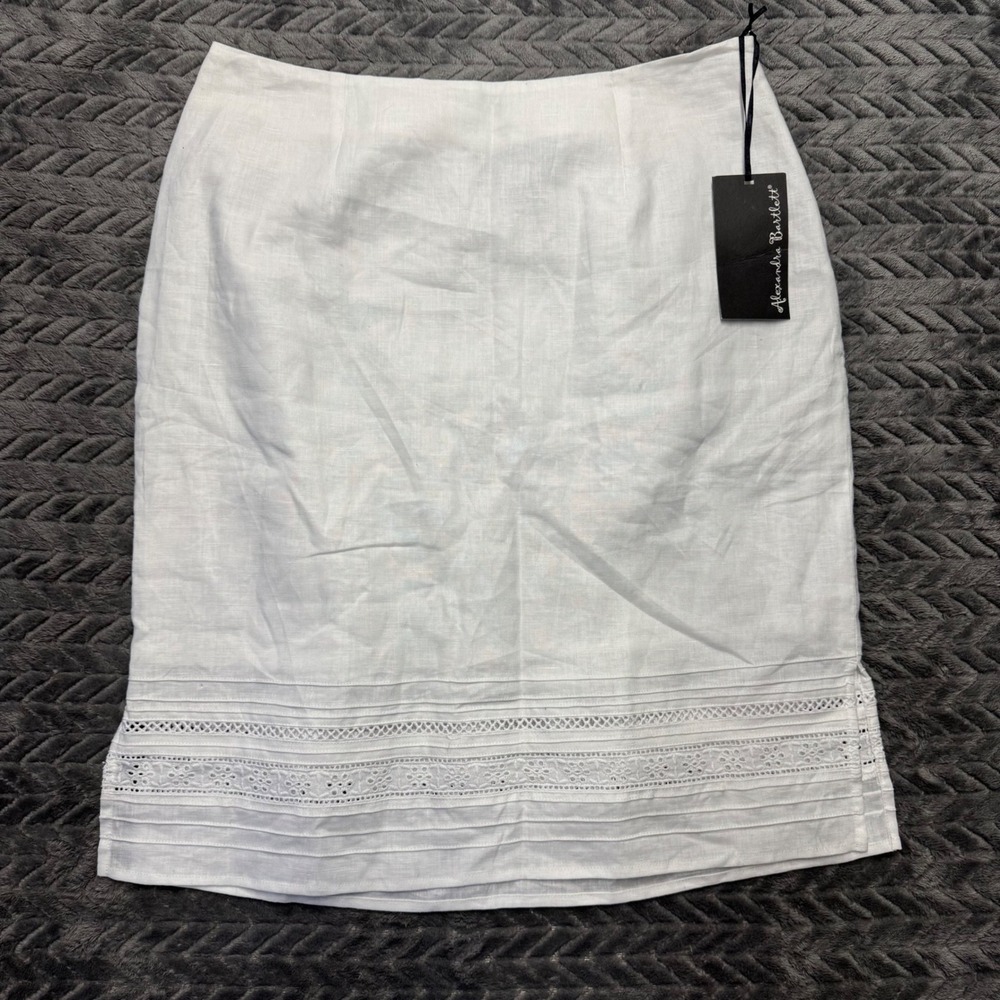 Alexandra Bartlett Pencil Skirt 8‎ White New Eyelet Lace Linen Pintuck (1619)